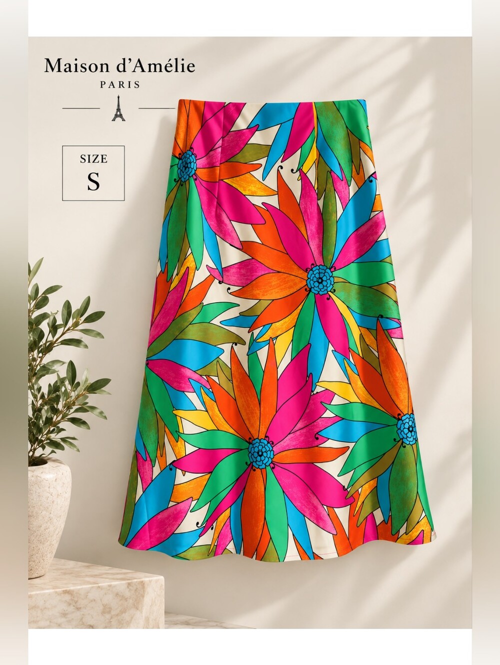 EUC Maison d'Amélie Gorgeous Vibrant Floral Print Satin Midi Skirt, Size Small